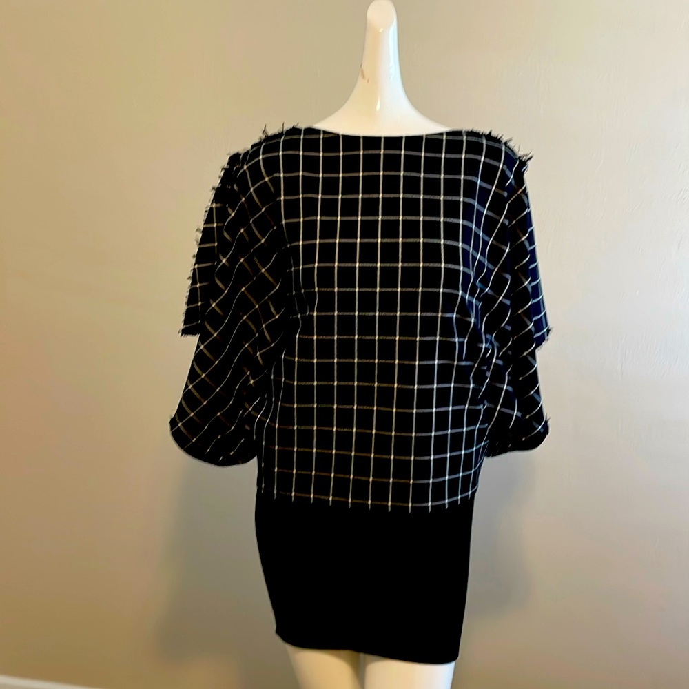 Robert Rodriguez Boat Neck Dolman Short Sleeve Raw Edge Hem Black White XS EC